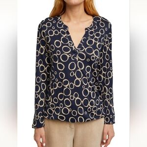 Esprit Black With Gold Circle Pattern Longsleeve V-Neck Blouse Womens Size XL